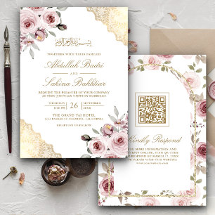 Dusty Pink Roses Gold Lace QR Code muslimische Hoc Einladung