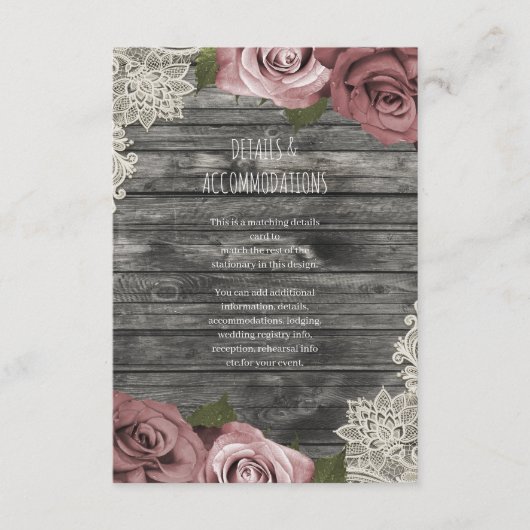 Dusty Pink Roses Gray Rustic Wedding Details Begleitkarte (Vorderseite)