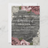 Dusty Pink Roses Gray Rustic Wood Lace Wedding Einladung (Vorderseite)