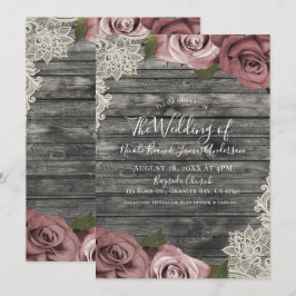 Dusty Pink Roses Gray Rustic Wood Lace Wedding Einladung