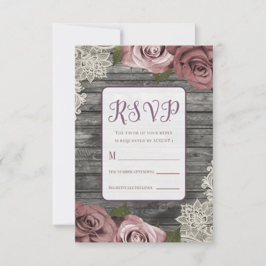Dusty Pink Roses Gray Rustic Wood Lace Wedding RSVP Karte (Vorderseite)