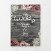 Dusty Pink Roses & Lace Rustikal Gray Wood Wedding Dreifach Gefaltete Einladung (Cover)