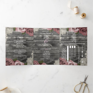 Dusty Pink Roses & Lace Rustikal Gray Wood Wedding Dreifach Gefaltete Einladung