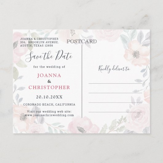 Dusty Pink Roses Mittelsommer Floral Save the Date Ankündigungspostkarte (Rückseite)