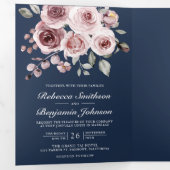 Dusty Pink Roses Navy Blue QR Code Hochzeit Dreifach Gefaltete Einladung (Innen Erste Seite)