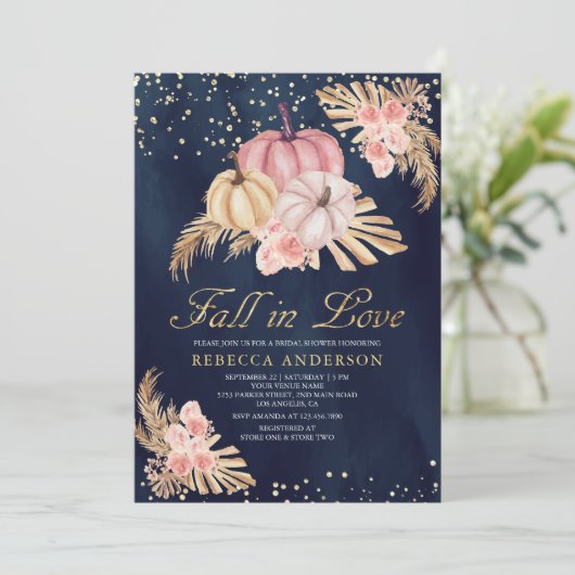 Dusty Pink Roses Pumpkin Pampas Navy Brautparty Einladung (Stehend Vorderseite)