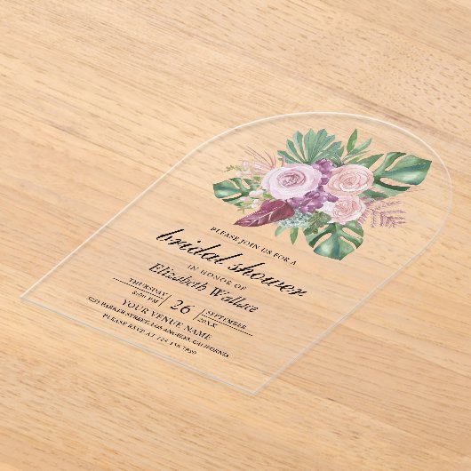 Dusty Pink Roses Tropical Monstera Bridal Shower Acryleinladungen (Ablage )