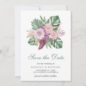 Dusty Pink Roses Tropical Monstera Hochzeit Save The Date (Vorderseite)