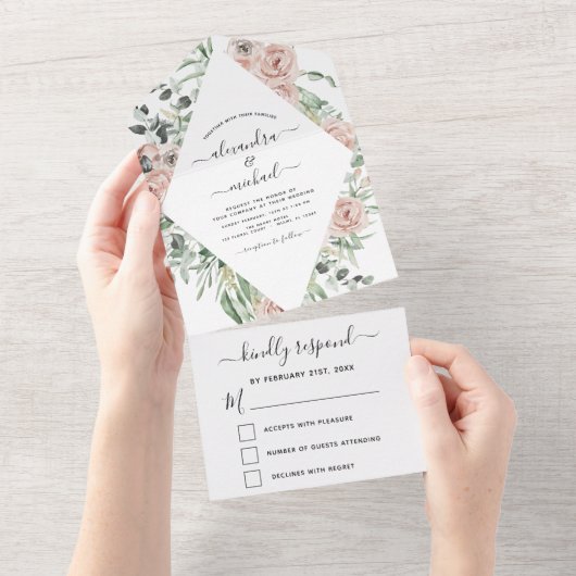 Dusty Pink - Sage Green Floral Wedding RSVP All In One Einladung (Abreißen)