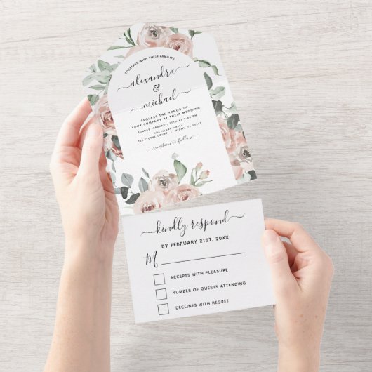 Dusty Pink - Sage Green Floral Wedding RSVP All In One Einladung (Abreißen)