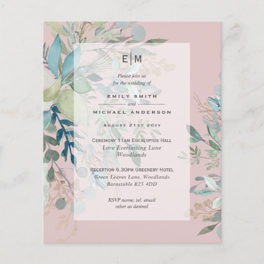 Dusty Pink Sage Hochzeit Zeremonie und Empfang Inv Flyer (Vorne)
