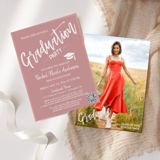 Dusty Pink Script QR Code Foto Graduation Party Einladung