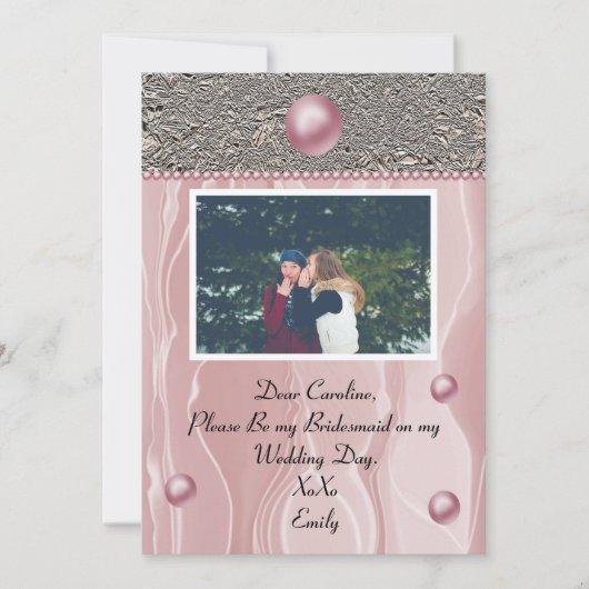 Dusty Pink Silk Light Silver Foil Bridesmaid Foto Einladung (Vorderseite)