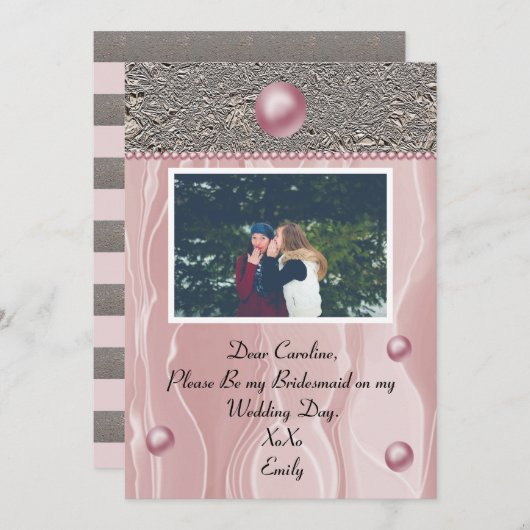 Dusty Pink Silk Light Silver Foil Bridesmaid Foto Einladung (Vorne/Hinten)