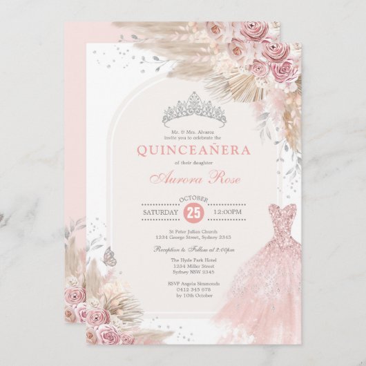 Dusty Pink Silver Boho Blume Quinceañera Kleid Einladung (Vorne/Hinten)