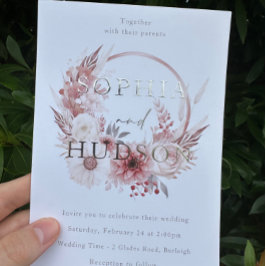 Dusty Pink Silver Foil Modern Boho Wreath Wedding Folieneinladung