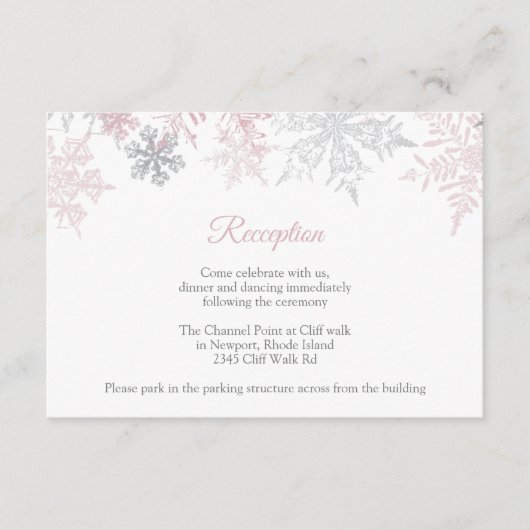 Dusty Pink & Silver Snowflakes Hochzeitsempfang Begleitkarte (Vorderseite)