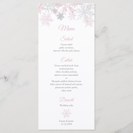 Dusty Pink & Silver Snowflakes Hochzeitskarte Menükarte (Vorderseite)