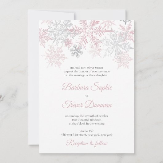 Dusty Pink & Silver Snowflakes Winterhochzeit Einladung (Vorderseite)