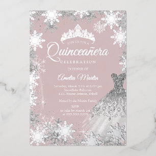 Dusty Pink Silver Winter Snowflake Quinceanera Folieneinladung