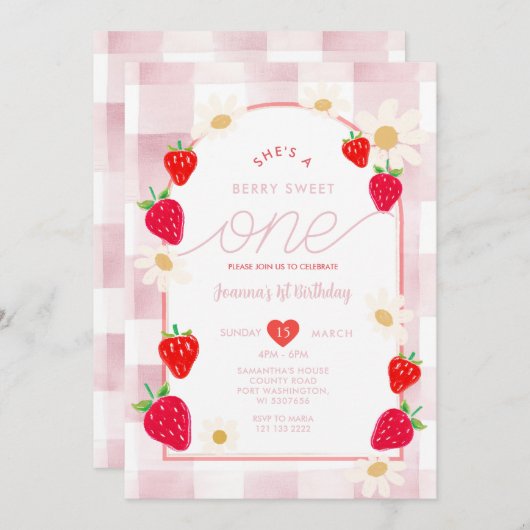 Dusty Pink Strawberry Sweet One Berry Birthday Einladung (Vorne/Hinten)