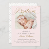 Dusty Pink Subtle Cross Script Typo Taufe Foto Einladung (Vorne/Hinten)