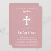 Dusty Pink Taufe für Tochter mit Kreuz Einladung (Vorne/Hinten)