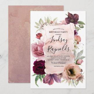 Dusty Pink und Burgund Floral Geburtstagsparty Einladung