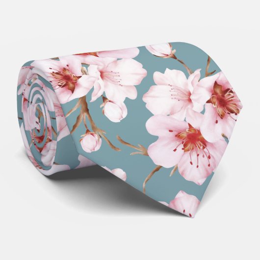 Dusty Pink Watercolor Cherry Blossoms Krawatte (Gerollt)