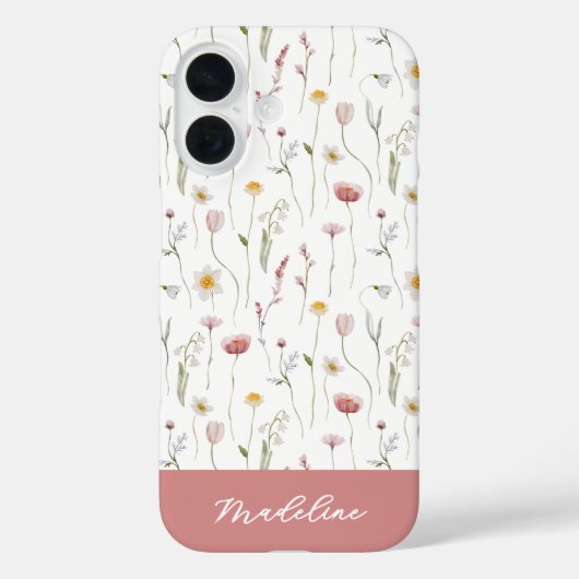 Dusty Pink Watercolor Wildflower Name Case-Mate iPhone Hülle (Rückseite)