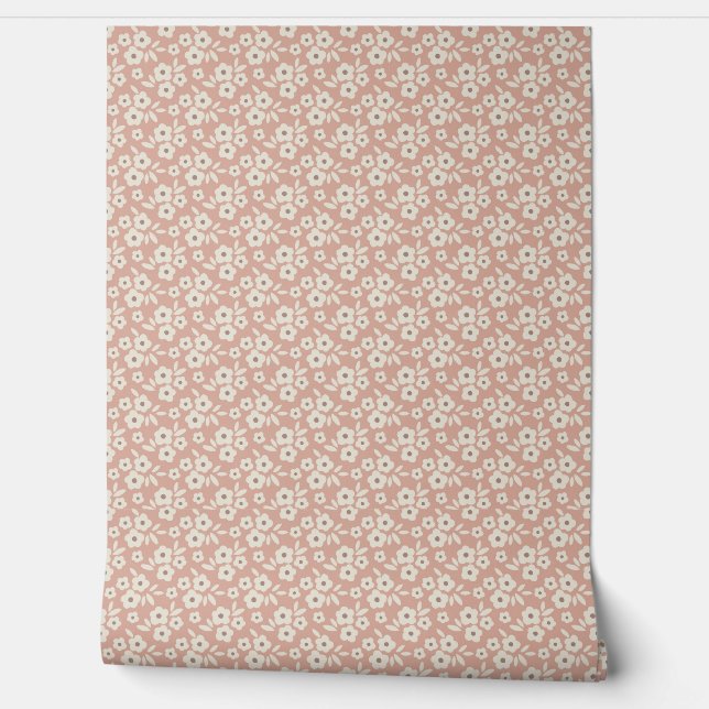 Dusty Pink White Floral Pattern Tapete (Abrollen)