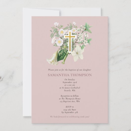 Dusty Pink White Floral Religious Cross Taufen Einladung (Vorderseite)