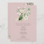Dusty Pink White Floral Religious Cross Taufen Einladung (Vorne/Hinten)