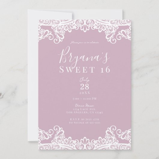 Dusty Pink & White Lace Elegant Sweet 16 Party Einladung (Vorderseite)