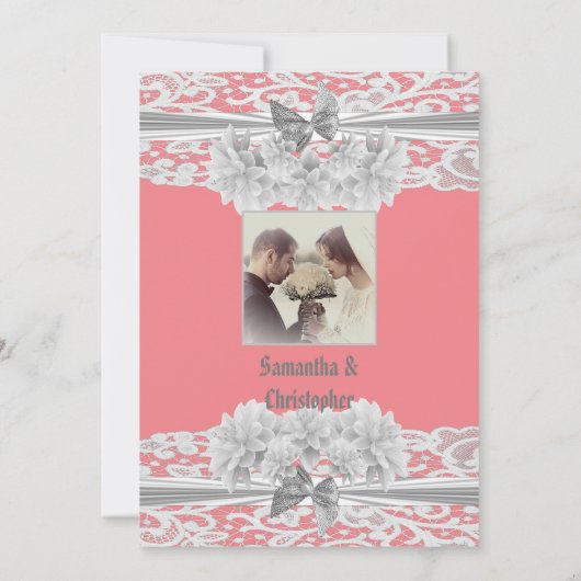 Dusty Pink White Lace Hochzeit Foto Einladung (Rückseite)