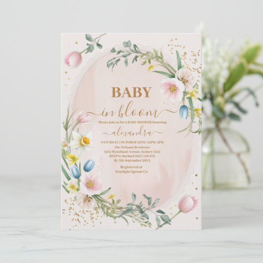 Dusty Pink Wildblume Baby in Bloom Girl Shower Einladung (Stehend Vorderseite)