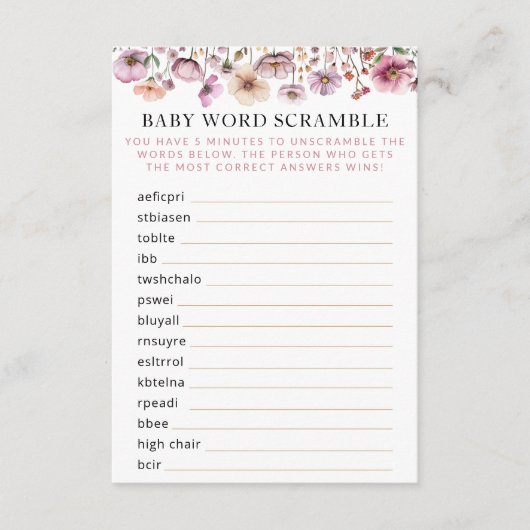 Dusty Pink Wildblume Baby Word Scramble - Boho Fl Begleitkarte (Vorderseite)