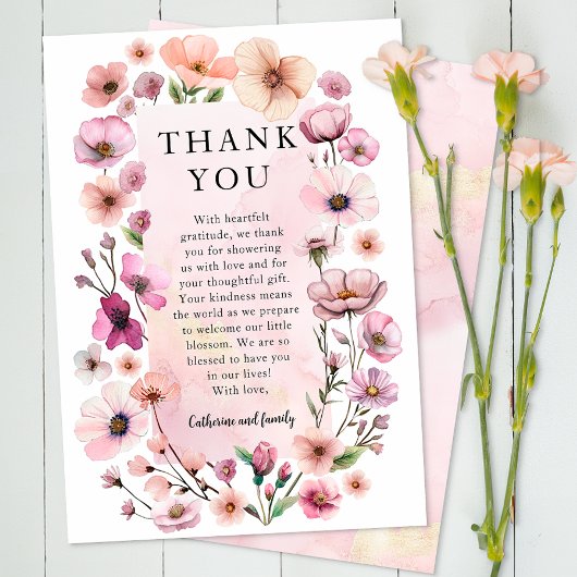 Dusty Pink Wildblume Danke Card - Boho Waterc