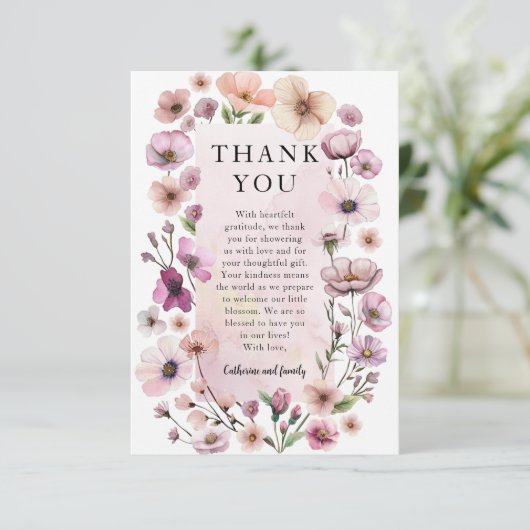 Dusty Pink Wildblume Danke Card - Boho Waterc (Stehend Vorderseite)