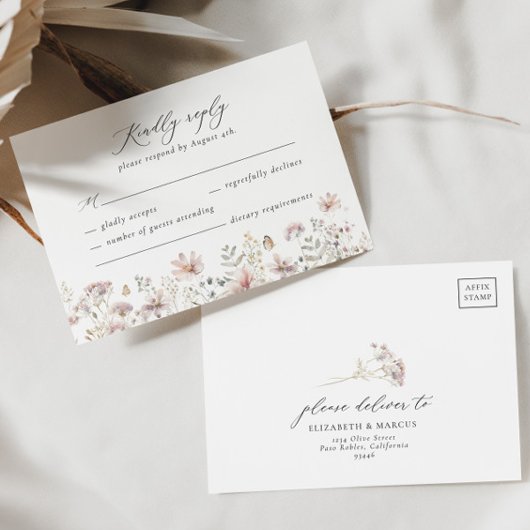 Dusty Pink Wildblume Floral Wedding RSVP Card