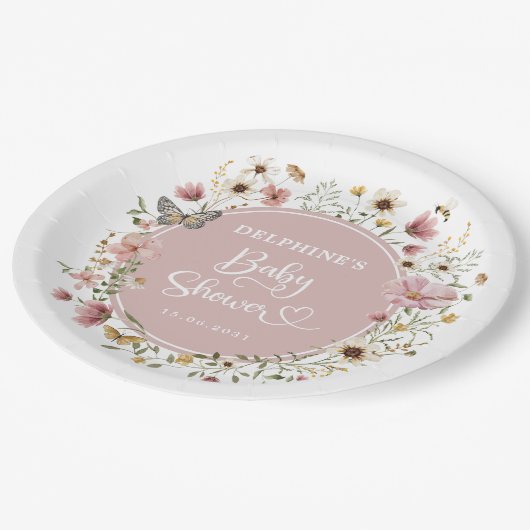 Dusty Pink Wildblume Garden Baby in Blütendusche Pappteller (Schrägansicht)