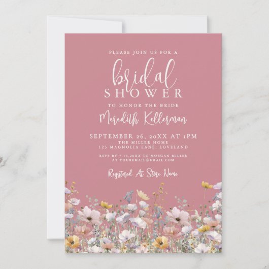 Dusty Pink Wildflower Bridal Shower Einladung (Vorderseite)