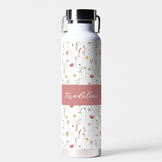 Dusty Pink Wildflower Watercolor Monogram Name Trinkflasche (Vorne)