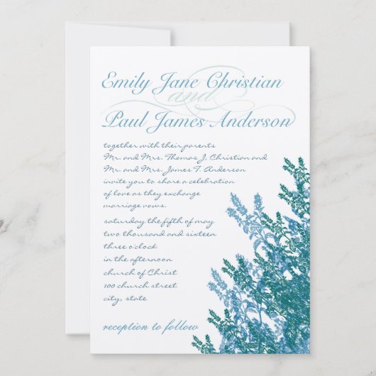 Dusty Placid Blue und Aquamarin Wild Blume Wedding Einladung (Vorderseite)