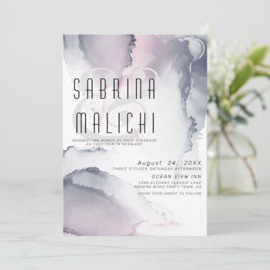 Dusty Plum Blush Pewter Fluid Alkohol Tinte Einladung (Stehend Vorderseite)