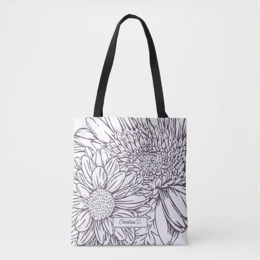 Dusty Plum Chrysanthemums Line Drawing with Name Tasche (Vorderseite)