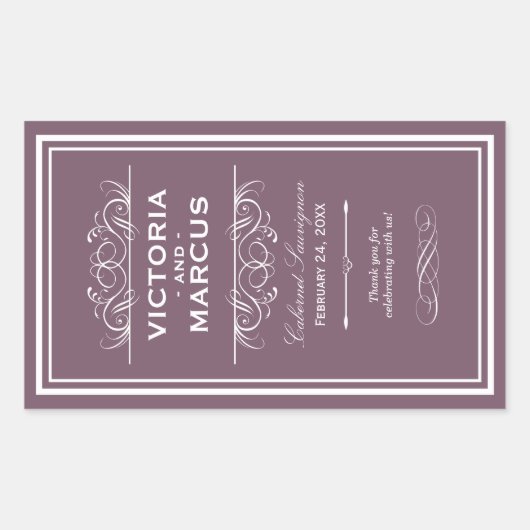 Dusty Plum Elegant Wedding Monogram Wine Flasche Rechteckiger Aufkleber (Vorderseite)