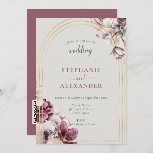 Dusty Plum Floral Wedding QR Code Einladung (Vorne/Hinten)
