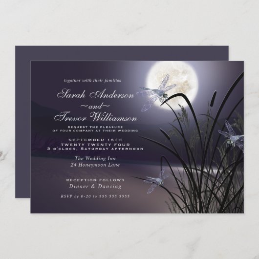Dusty Plum Wedding Full Moon Dragonfly Pond Einladung (Vorne/Hinten)