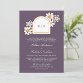 Dusty Purple Retro Yellow Daisy All in One Wedding Einladung (Stehend Vorderseite)